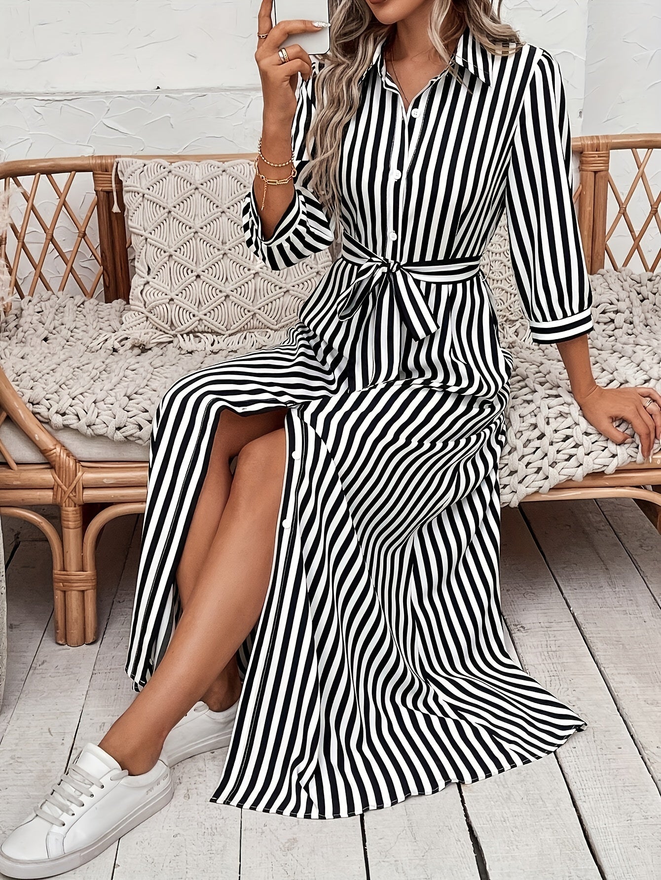 Elegant Long Sleeve Striped Shirt Dress with Waist Tie - Casual Commute Fashion for Women, All-Season Comfort, Three-Quarter Sleeve, Button-Up, Casual Attire | Stylish Casualwear | Polo Collar Dress